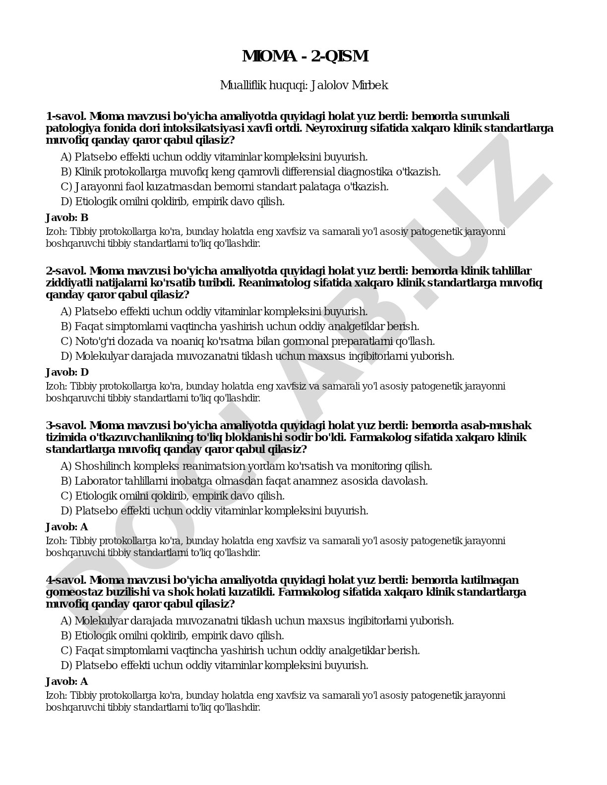 Mioma mavzusidagi test savollari va javoblar
