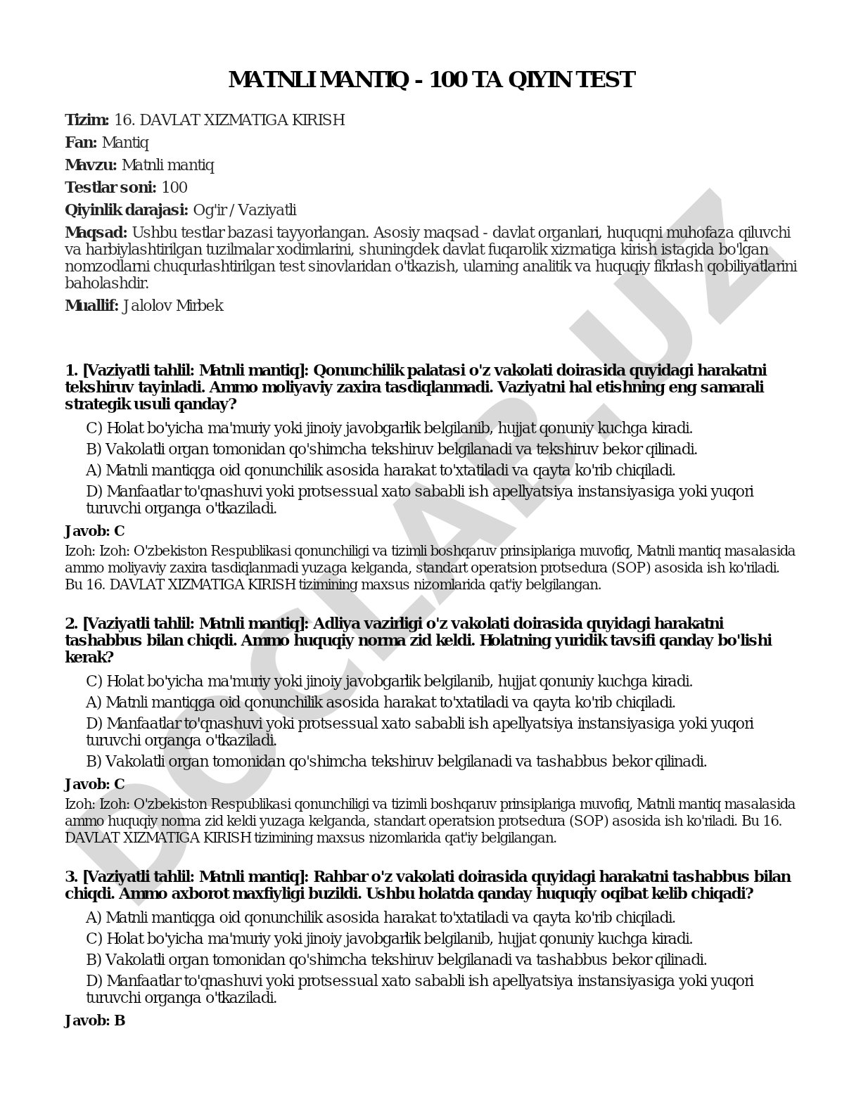 Matnli mantiq - 100 ta qiyin test
