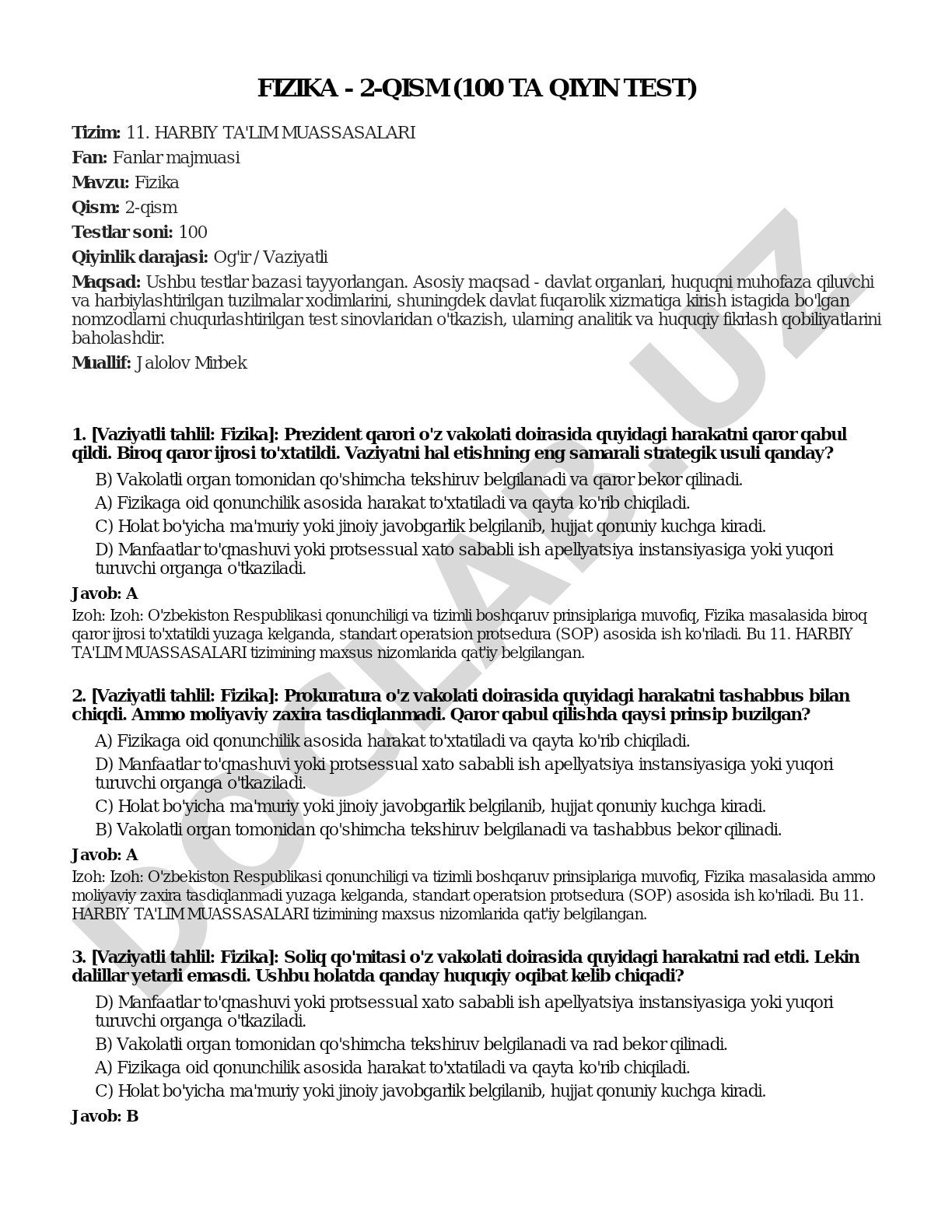 Fizika - 2-qism (100 ta qiyin test)