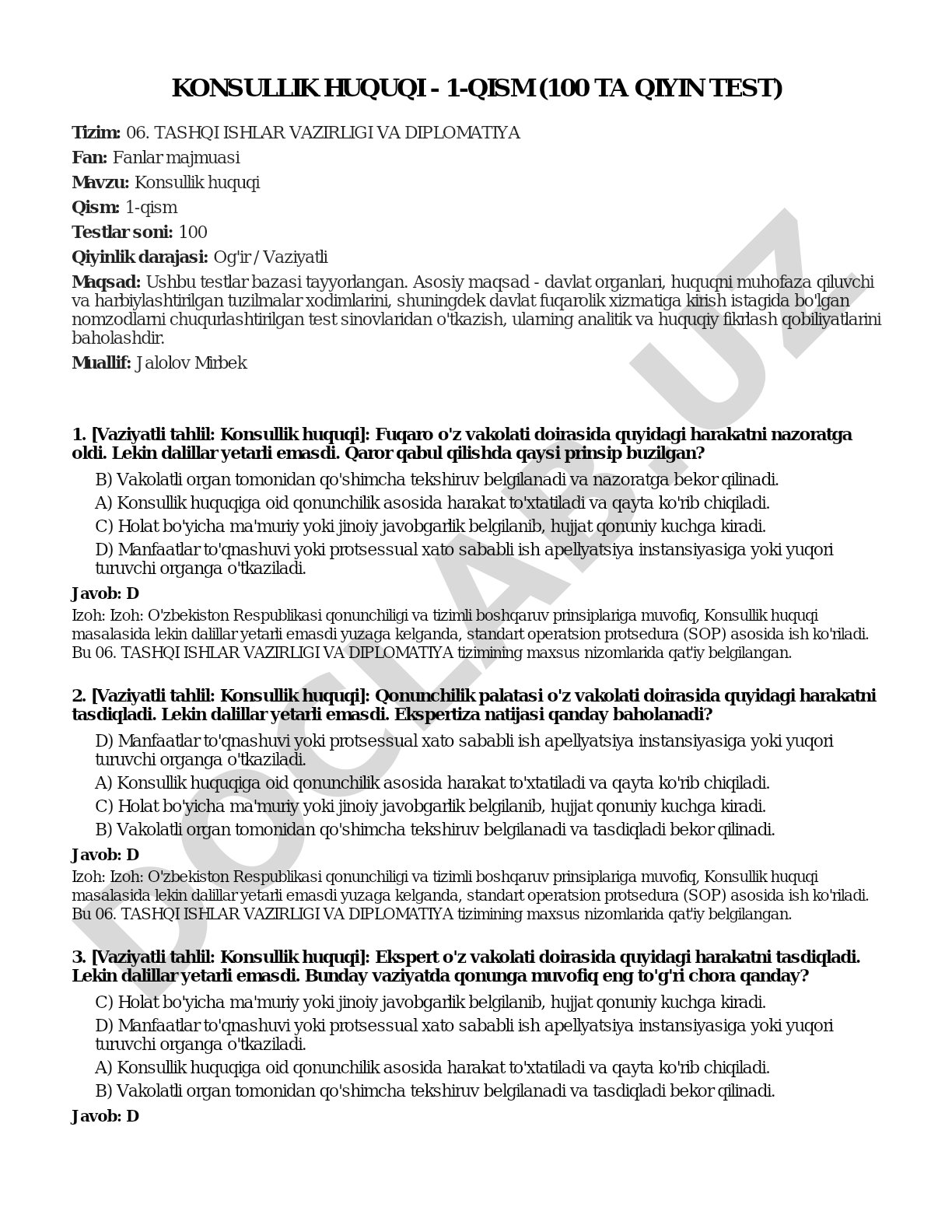 Konsullik huquqi - 1-qism (100 ta qiyin test)
