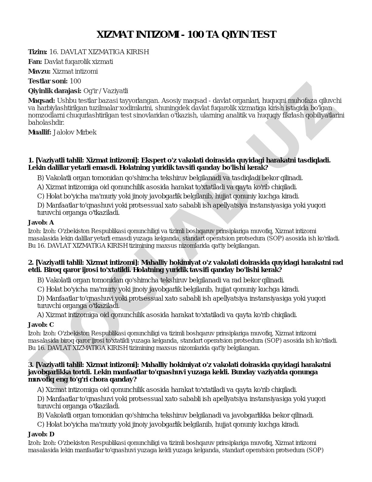 Xizmat intizomi - 100 ta qiyin test