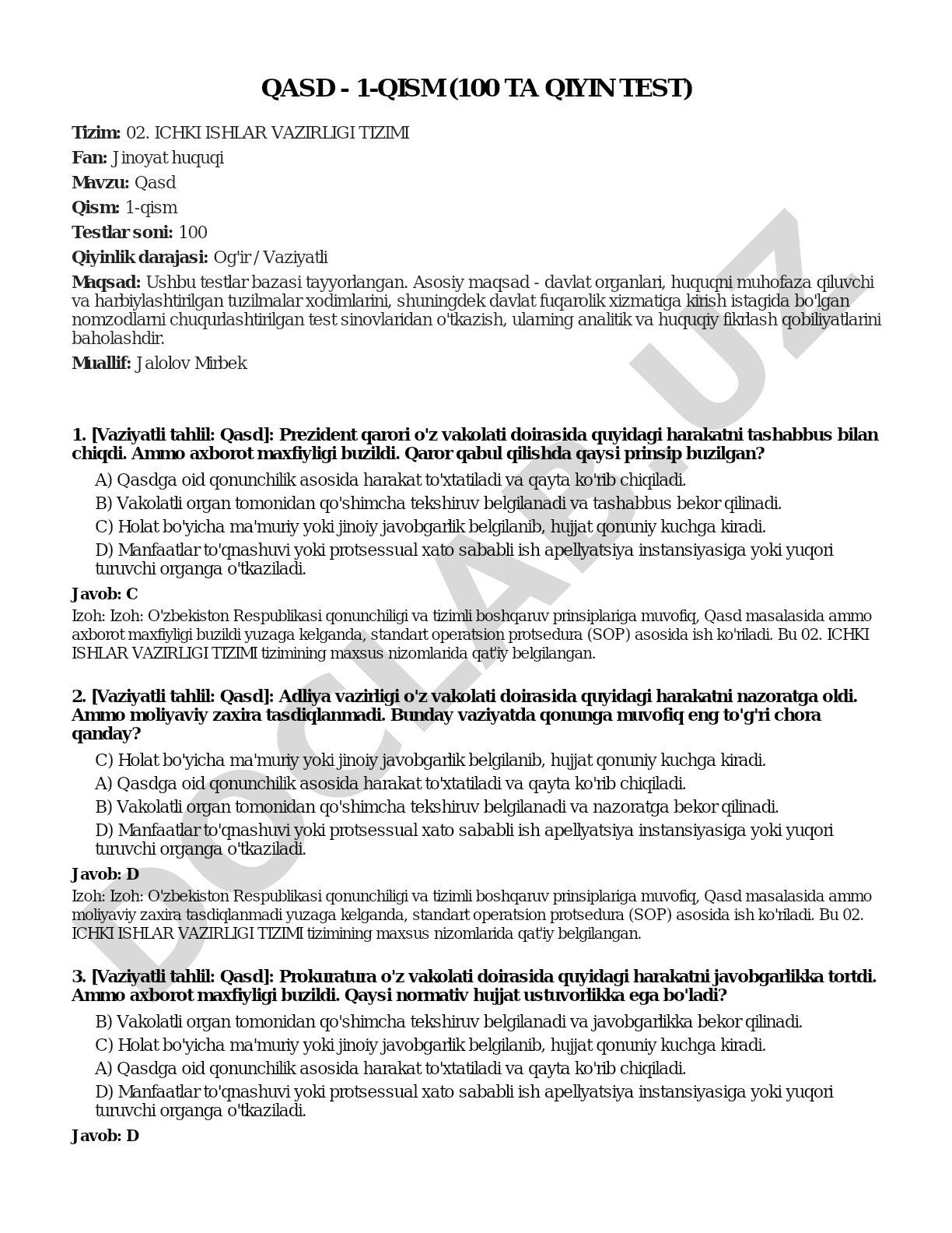 Qasd - 1-qism (100 ta qiyin test)