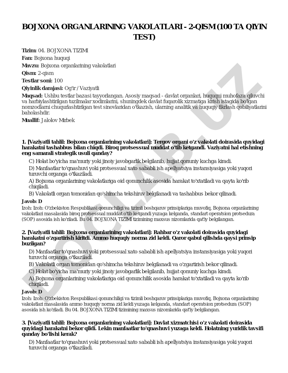 Bojxona organlarining vakolatlari - 2-qism (100 ta qiyin test)