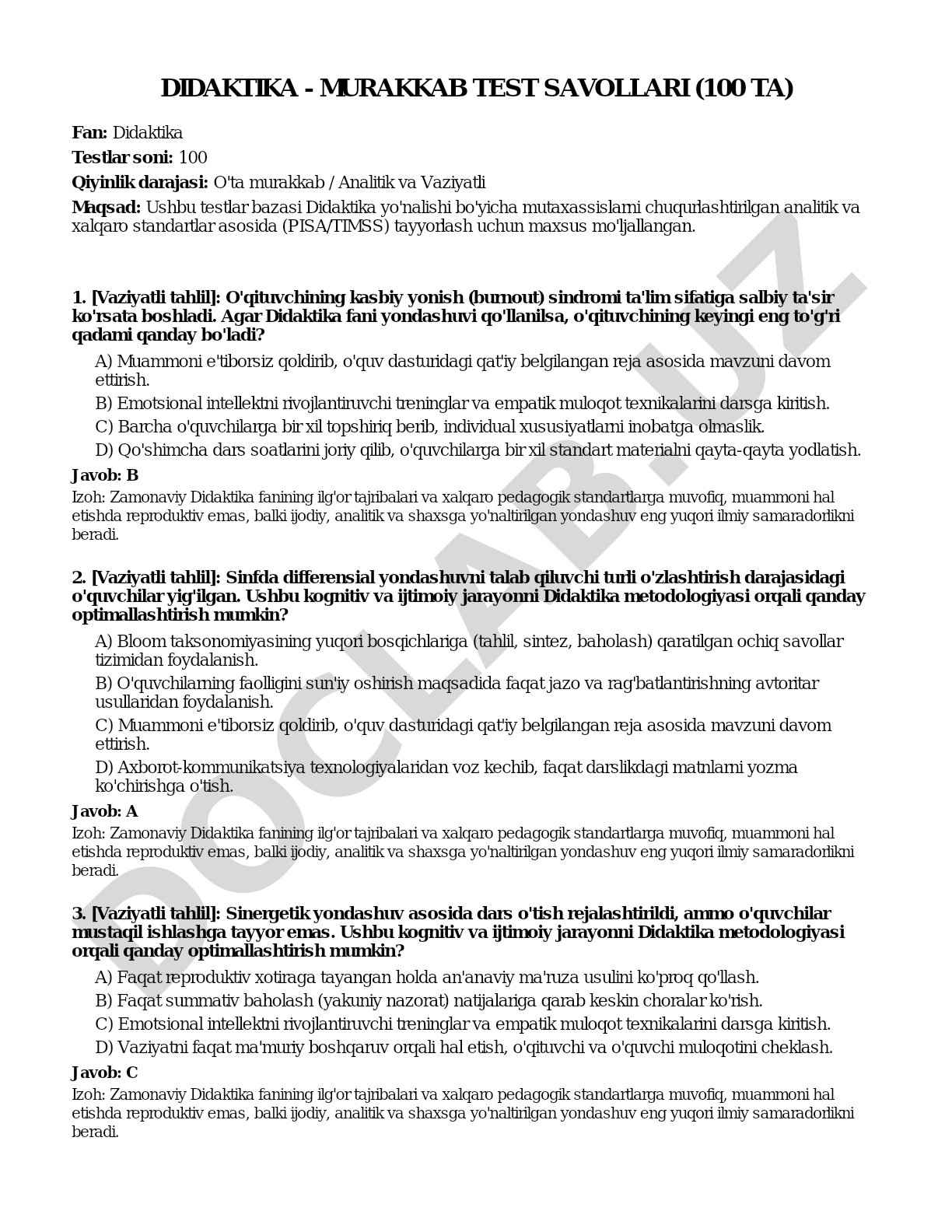 Didaktika - murakkab test savollari (100 ta)