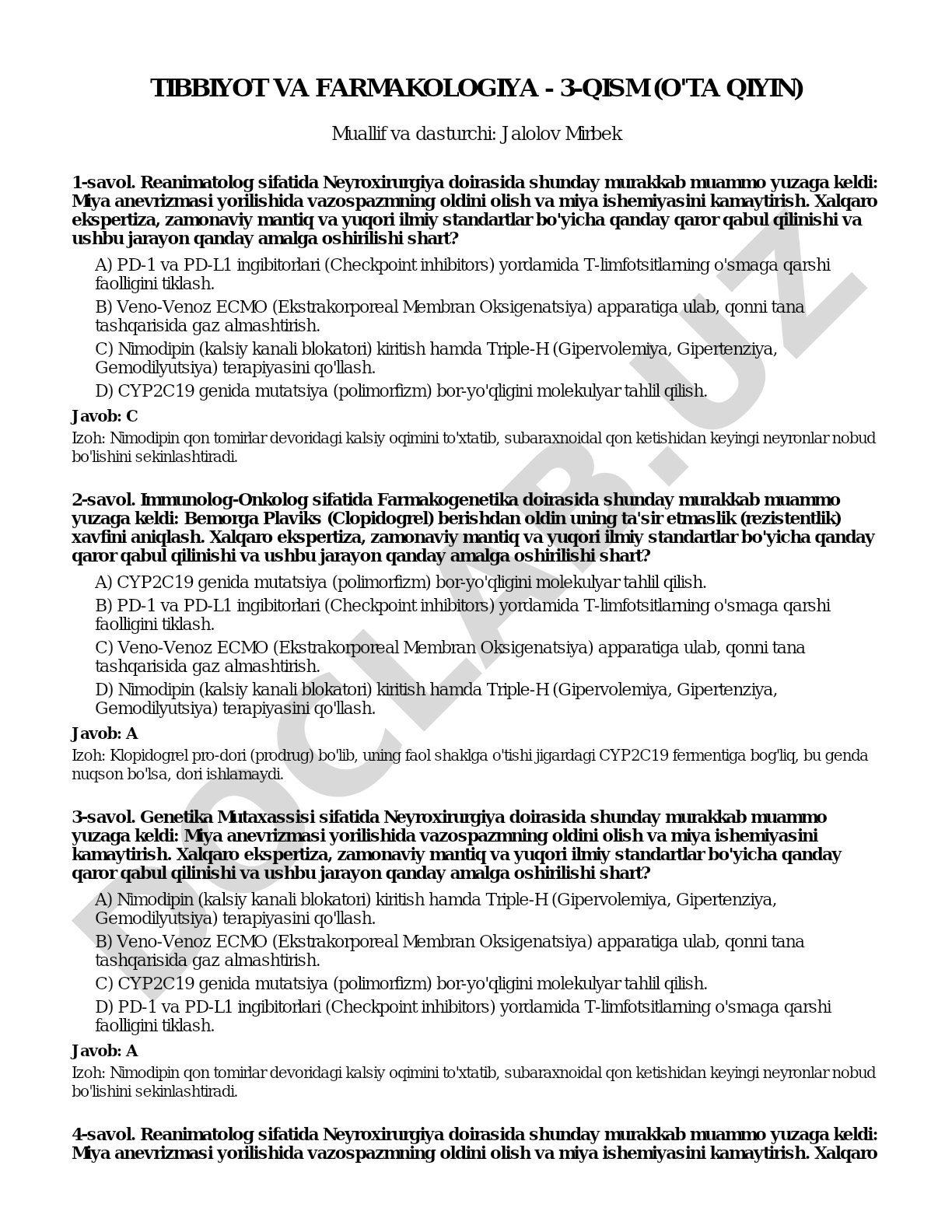 Tibbiyot va farmakologiya - 3-qism (o'ta qiyin)