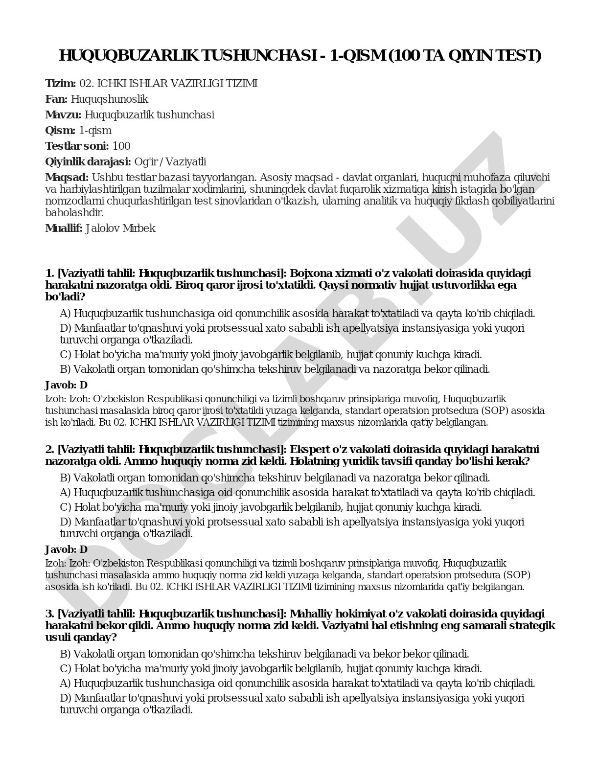 Huquqbuzarlik tushunchasi - 1-qism (100 ta qiyin test)