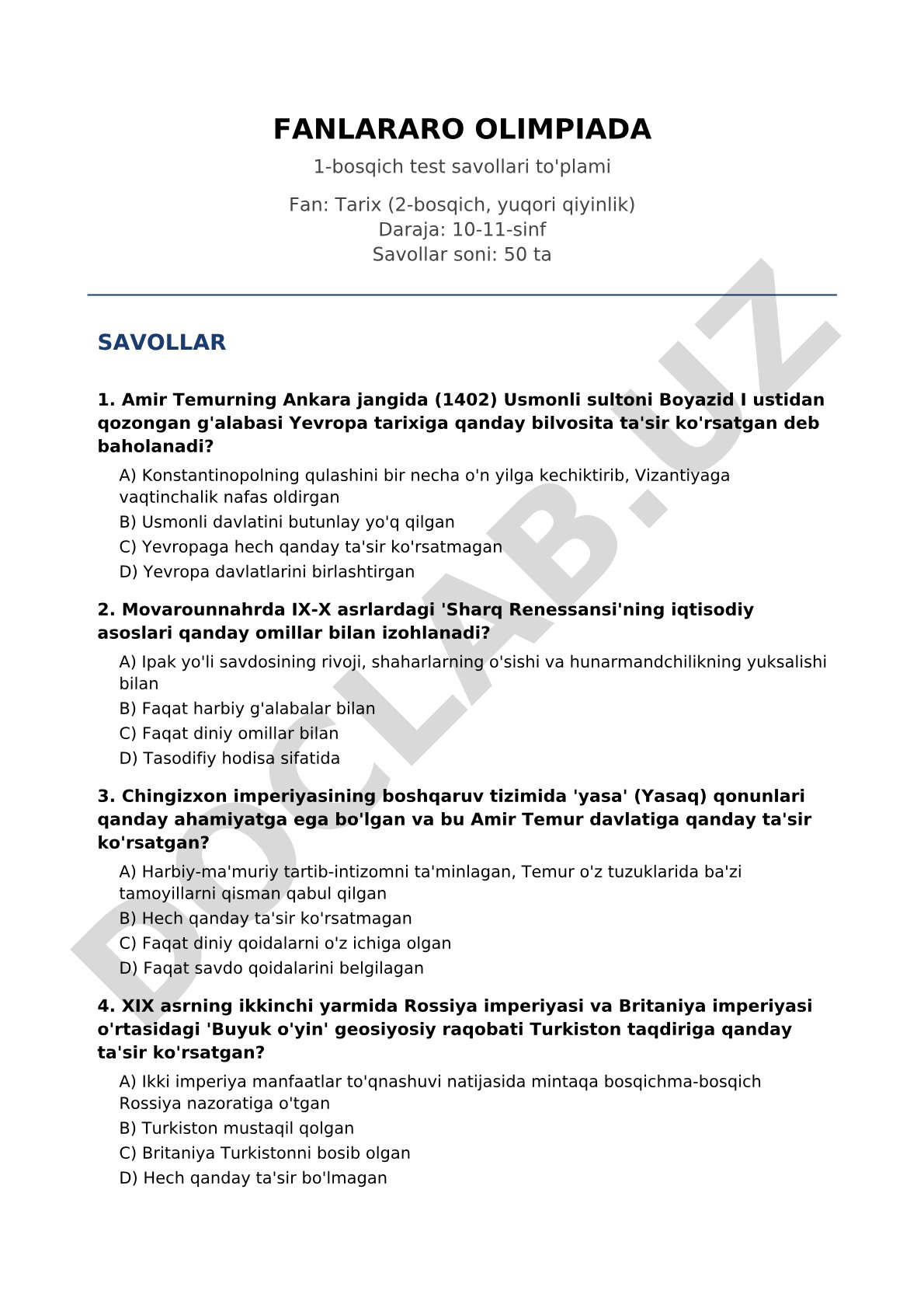 FANLARARO OLIMPIADA 1-bosqich test savollari to'plami Fan: Tarix (2-bosqich, yuqori qiyinlik) Daraja