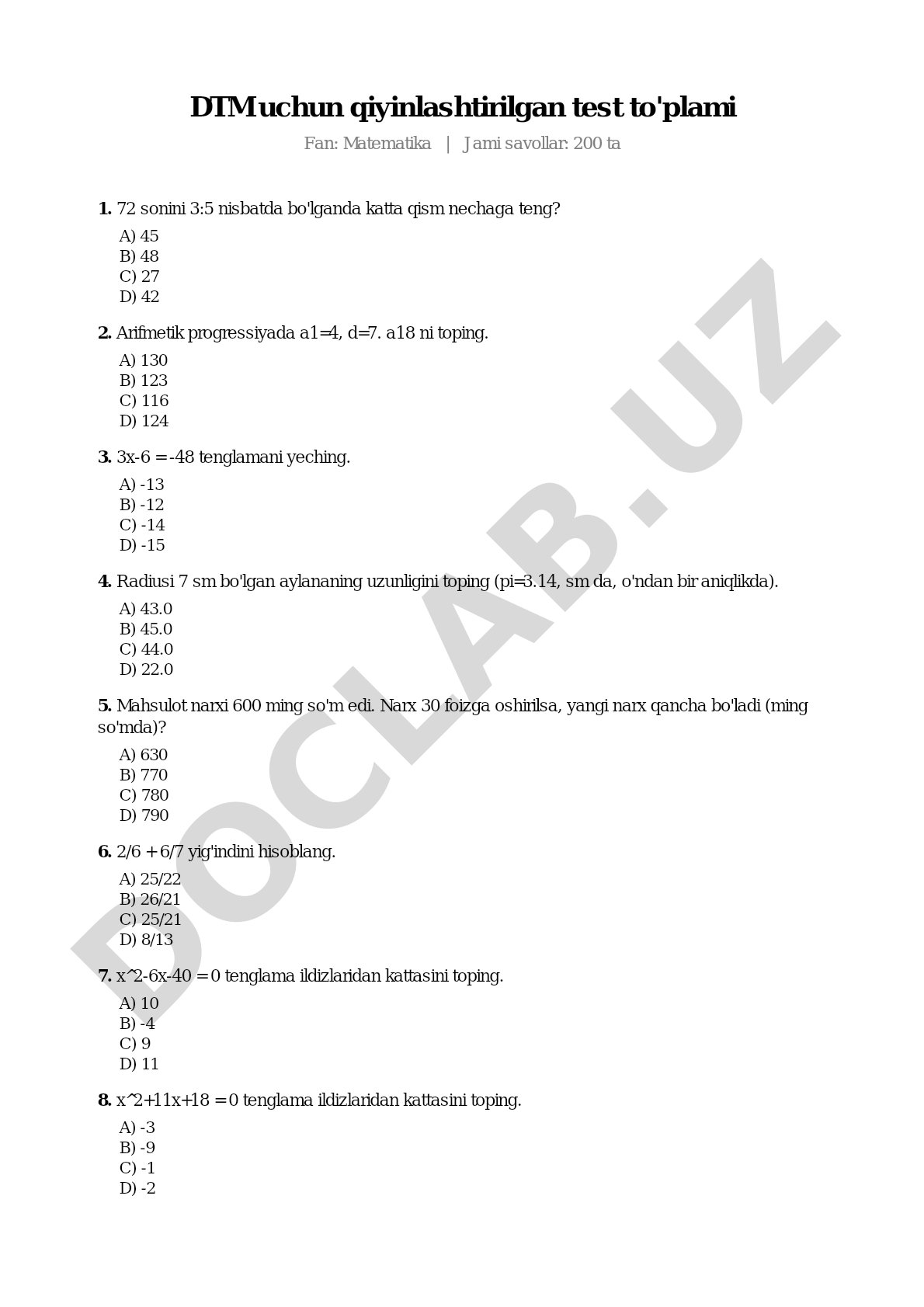 DTM uchun qiyinlashtirilgan test to'plami Fan: Matematika | Jami savollar: 200 ta 1