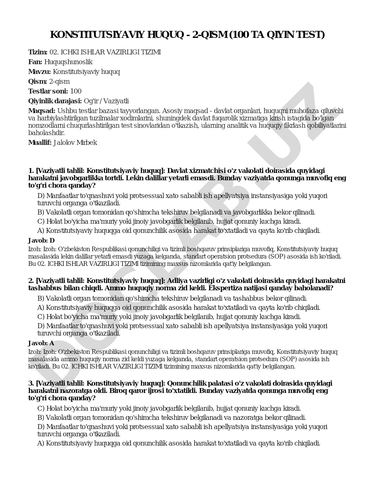 Konstitutsiyaviy huquq - 2-qism (100 ta qiyin test)