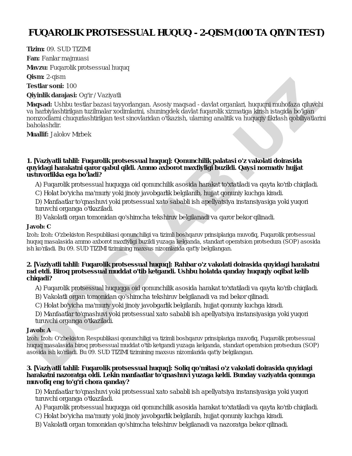 Fuqarolik protsessual huquq - 2-qism (100 ta qiyin test)