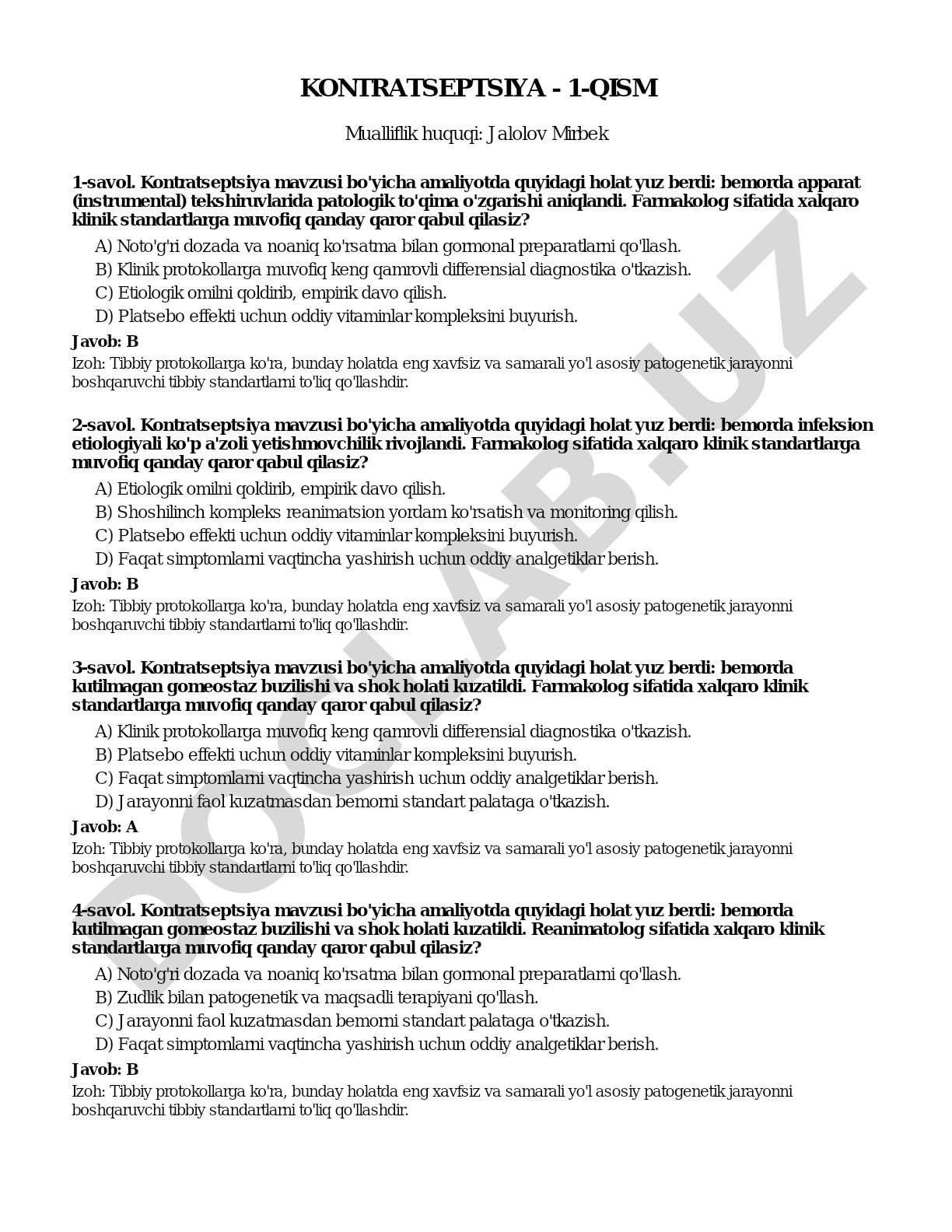 Kontratseptsiya mavzusidagi test savollari, klinik vaziyatlar va farmakologik qarorlar