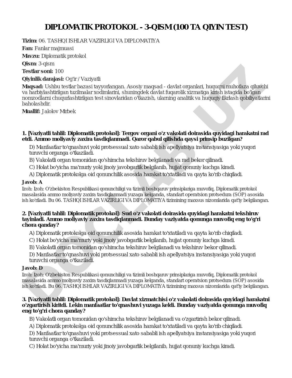 Diplomatik protokol - 3-qism (100 ta qiyin test)