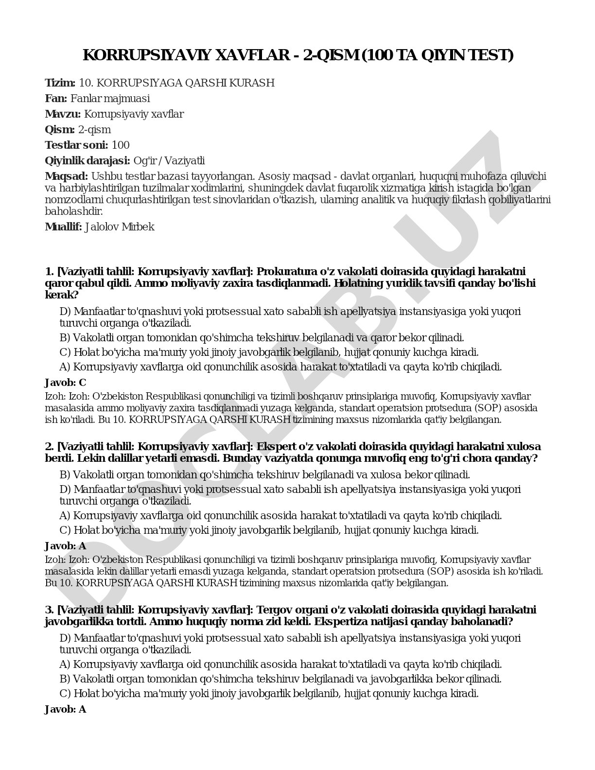 Korrupsiyaviy xavflar - 2-qism (100 ta qiyin test)