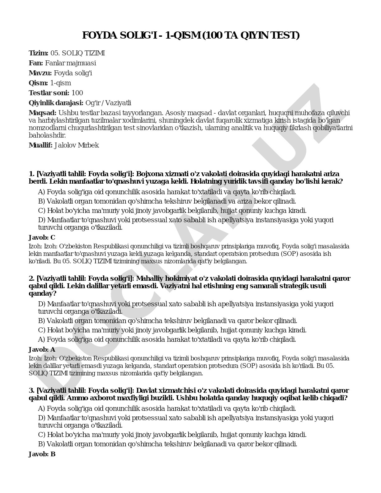 Foyda solig'i - 1-qism (100 ta qiyin test)