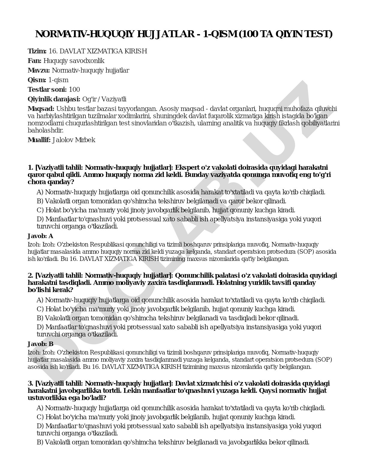 Normativ-huquqiy hujjatlar - 1-qism (100 ta qiyin test)