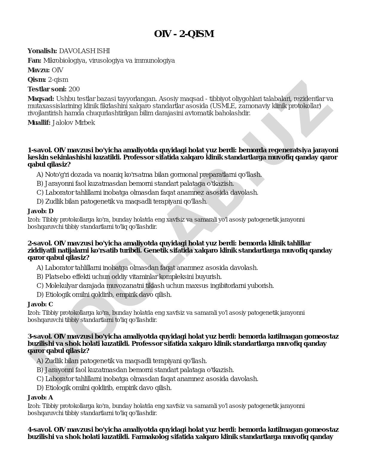 OIV Qism: 2-qism Testlar soni: 200 Maqsad: Ushbu testlar bazasi tayyorlangan