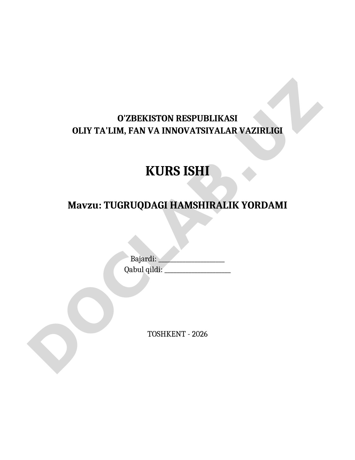 Kurs ishi tug'ruqdagi hamshiralik yordami mavzusida, nazariy asoslar, amaliy holat va