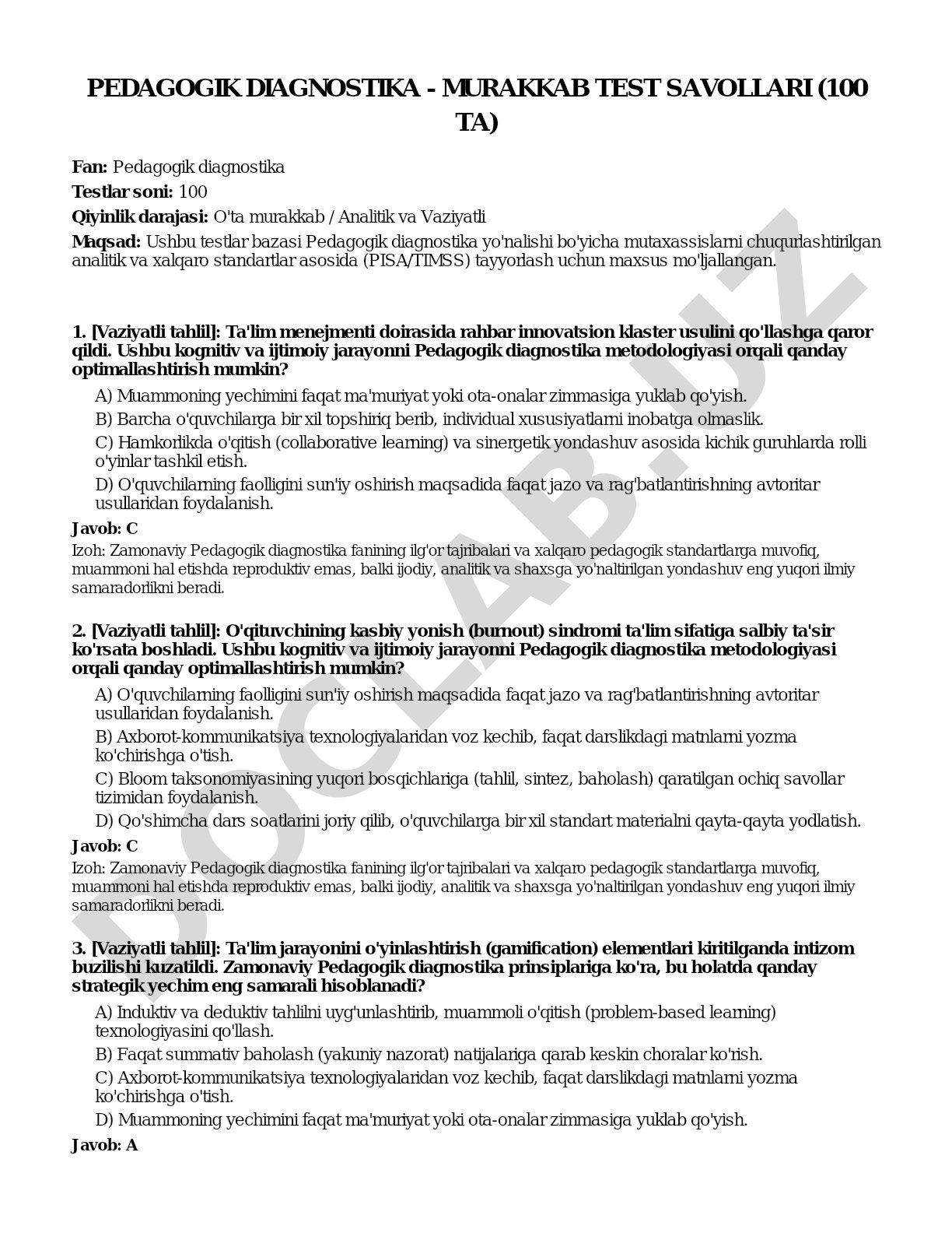 Pedagogik diagnostika - murakkab test savollari (100 ta)