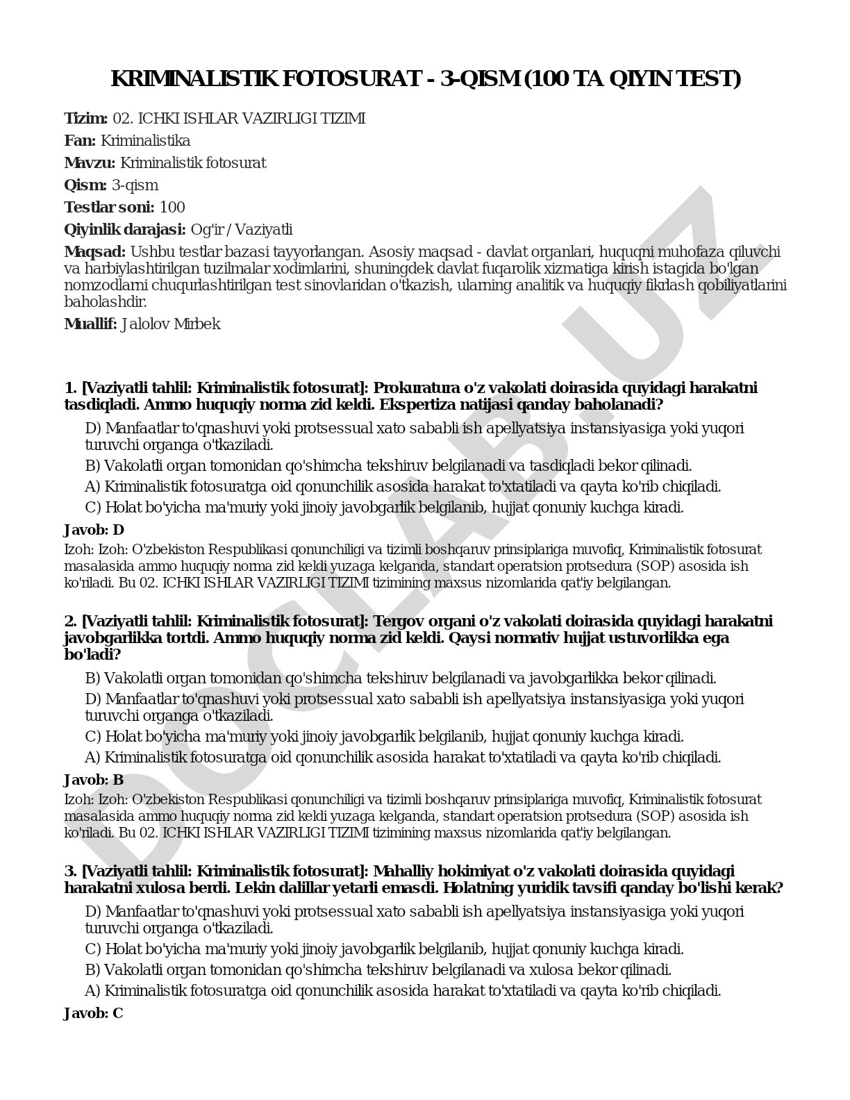 Kriminalistik fotosurat - 3-qism (100 ta qiyin test)
