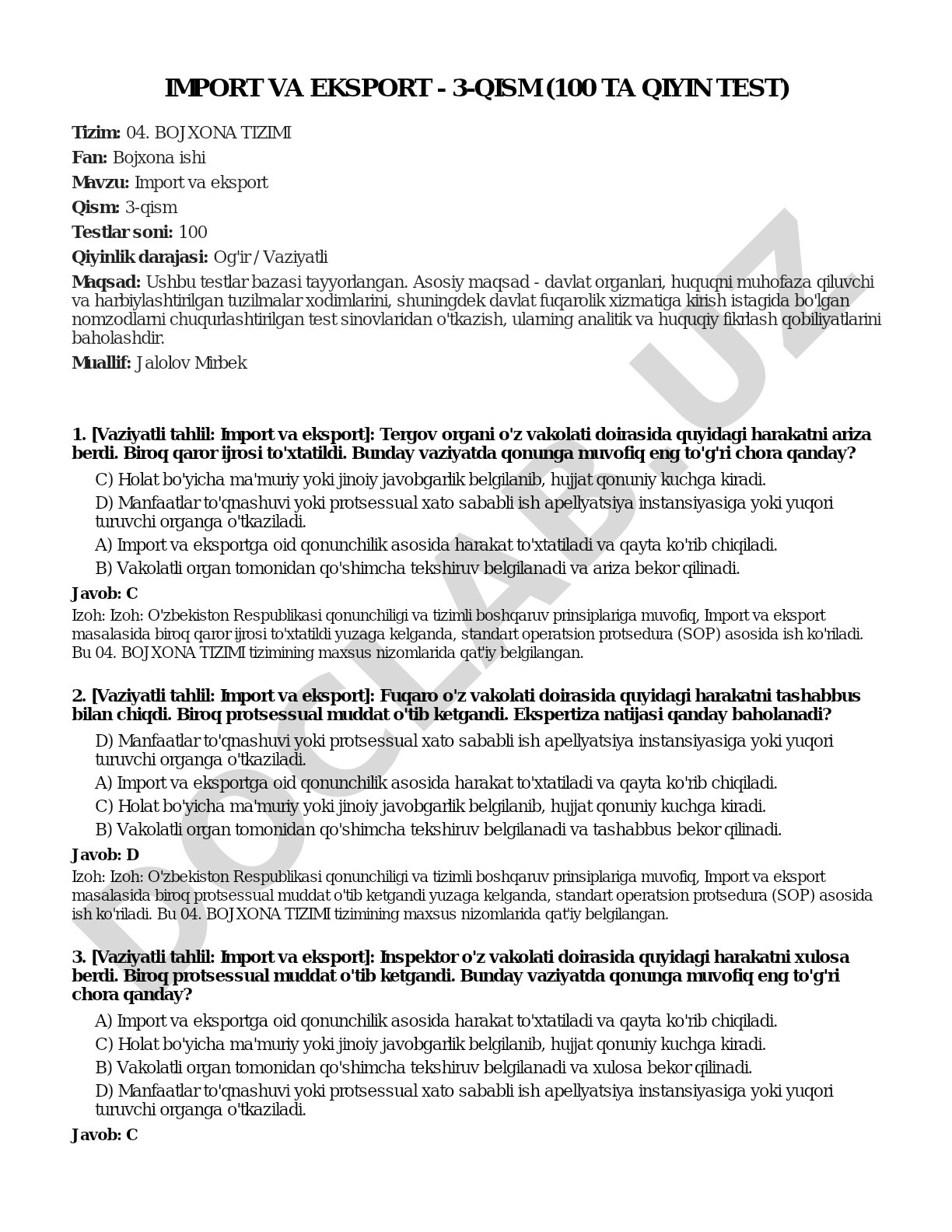 Import va eksport - 3-qism (100 ta qiyin test)