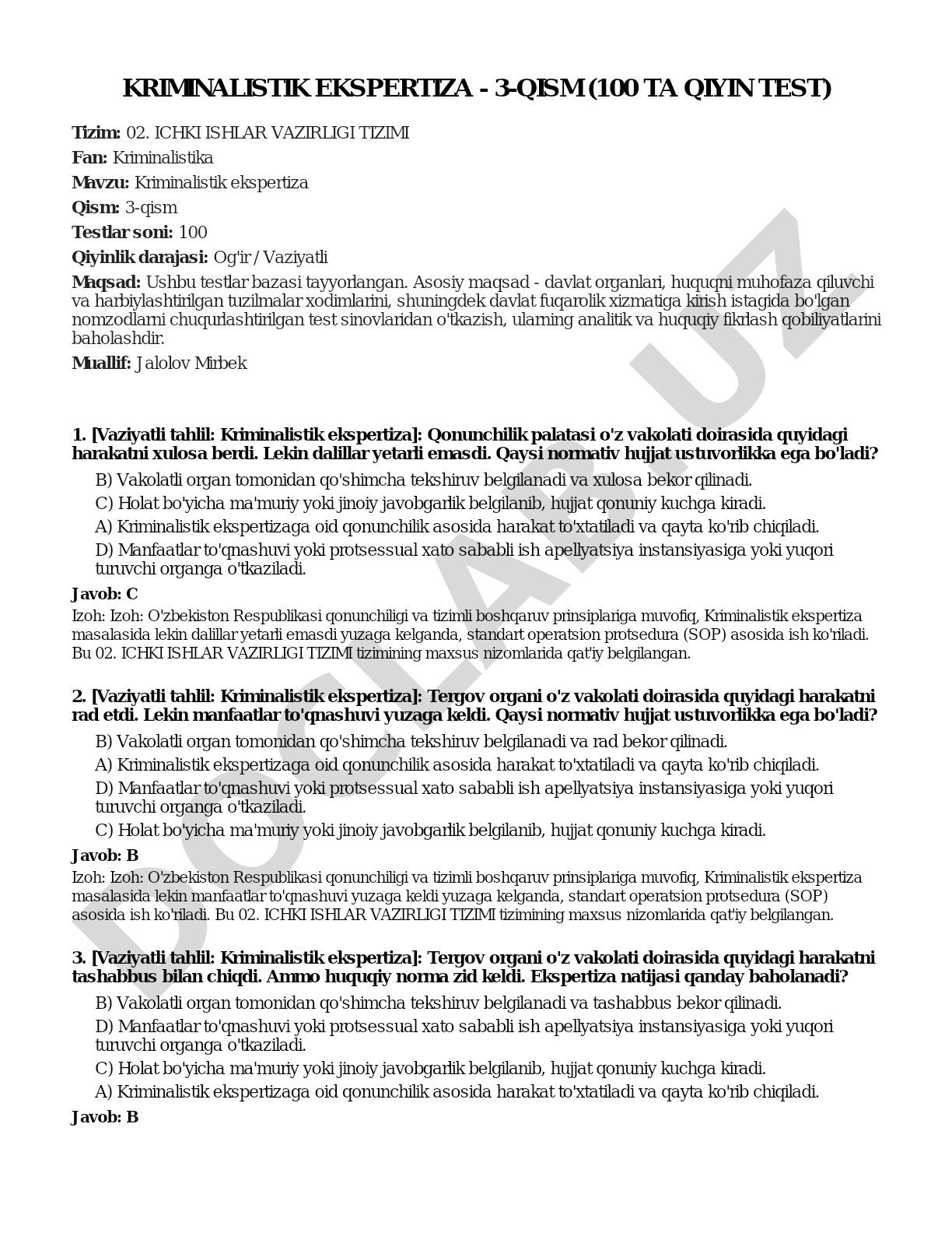 Kriminalistik ekspertiza - 3-qism (100 ta qiyin test)