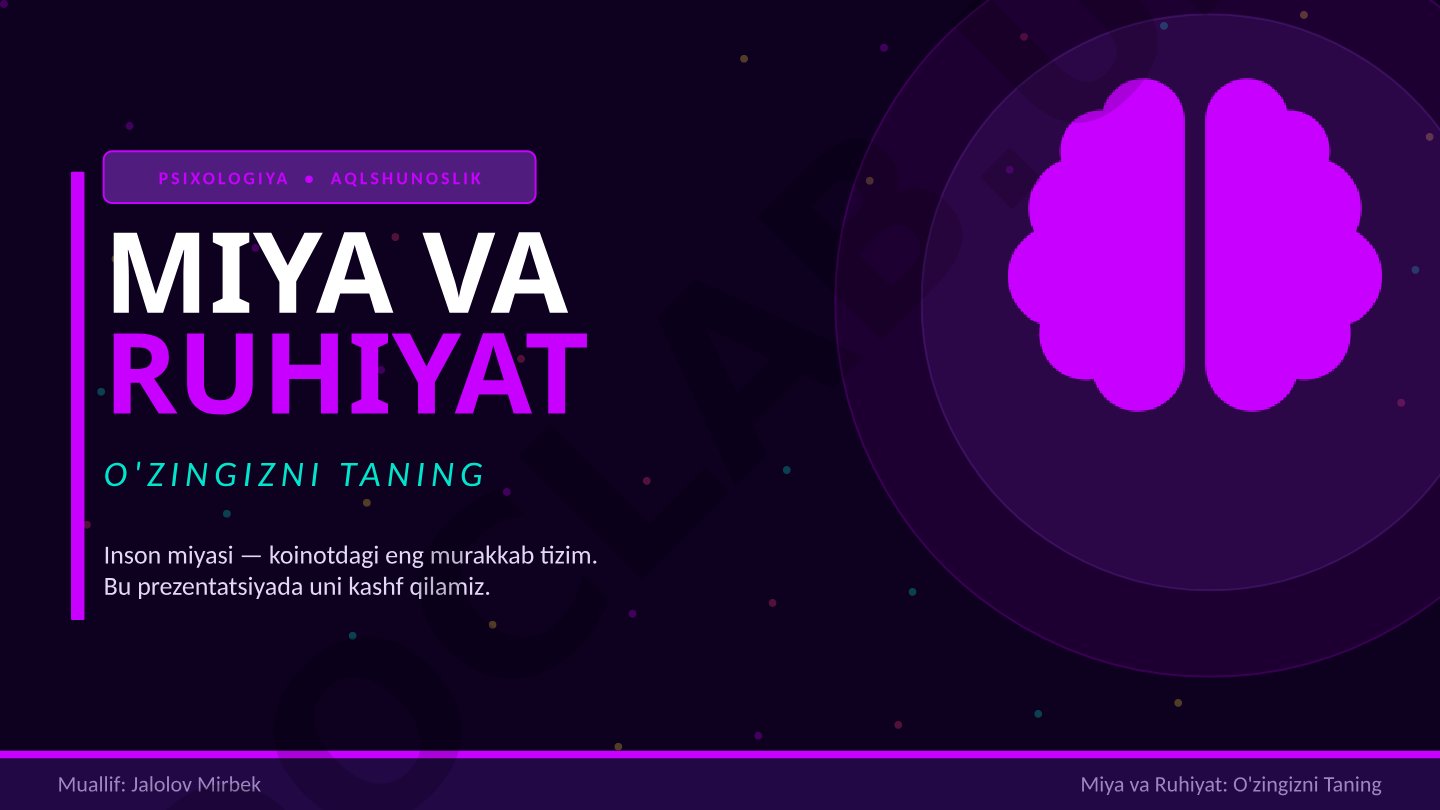 PSIXOLOGIYA • AQLSHUNOSLIK MIYA VA RUHIYAT O'ZINGIZNI TANING Inson miyasi — koinotdagi eng murakkab