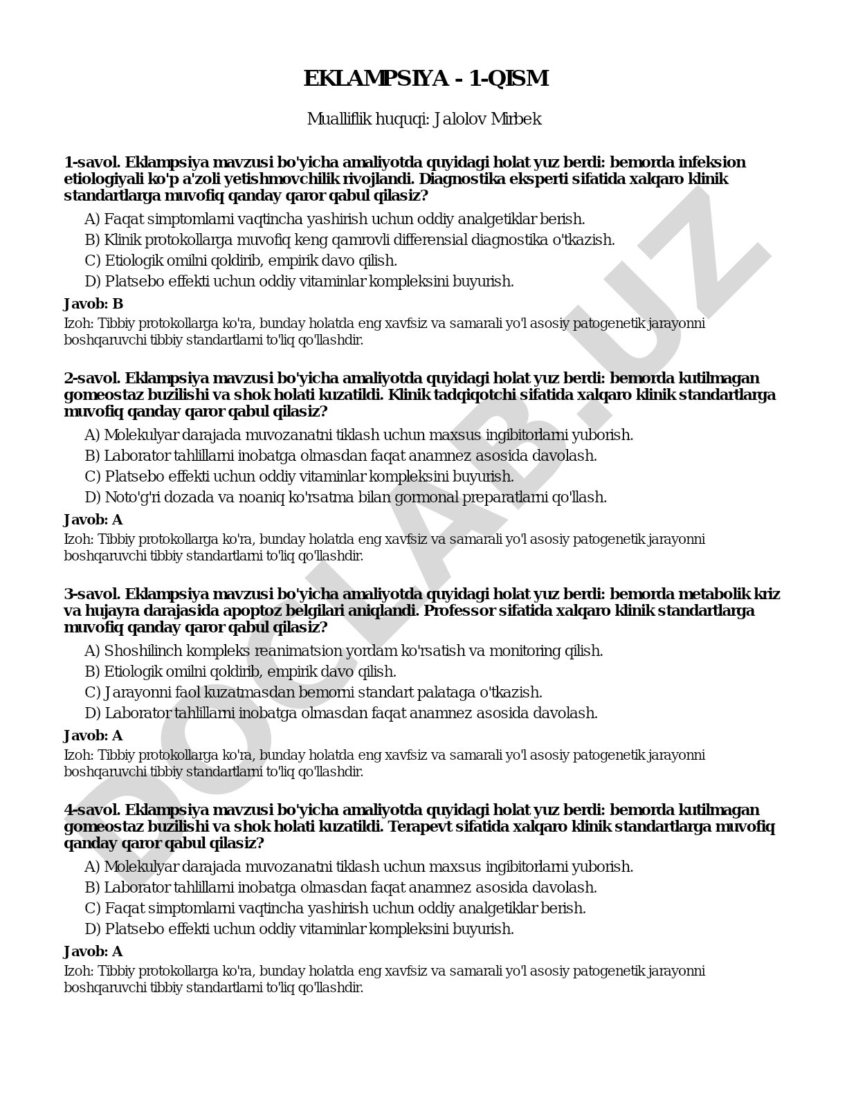 Eklampsiya bo'yicha klinik vaziyatlar va test savollari javoblar bilan