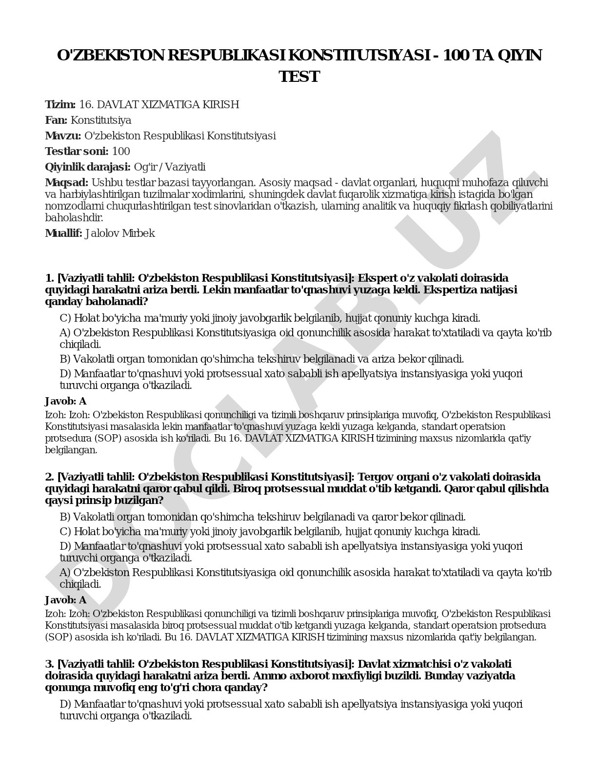 O'zbekiston Respublikasi Konstitutsiyasi - 100 ta qiyin test