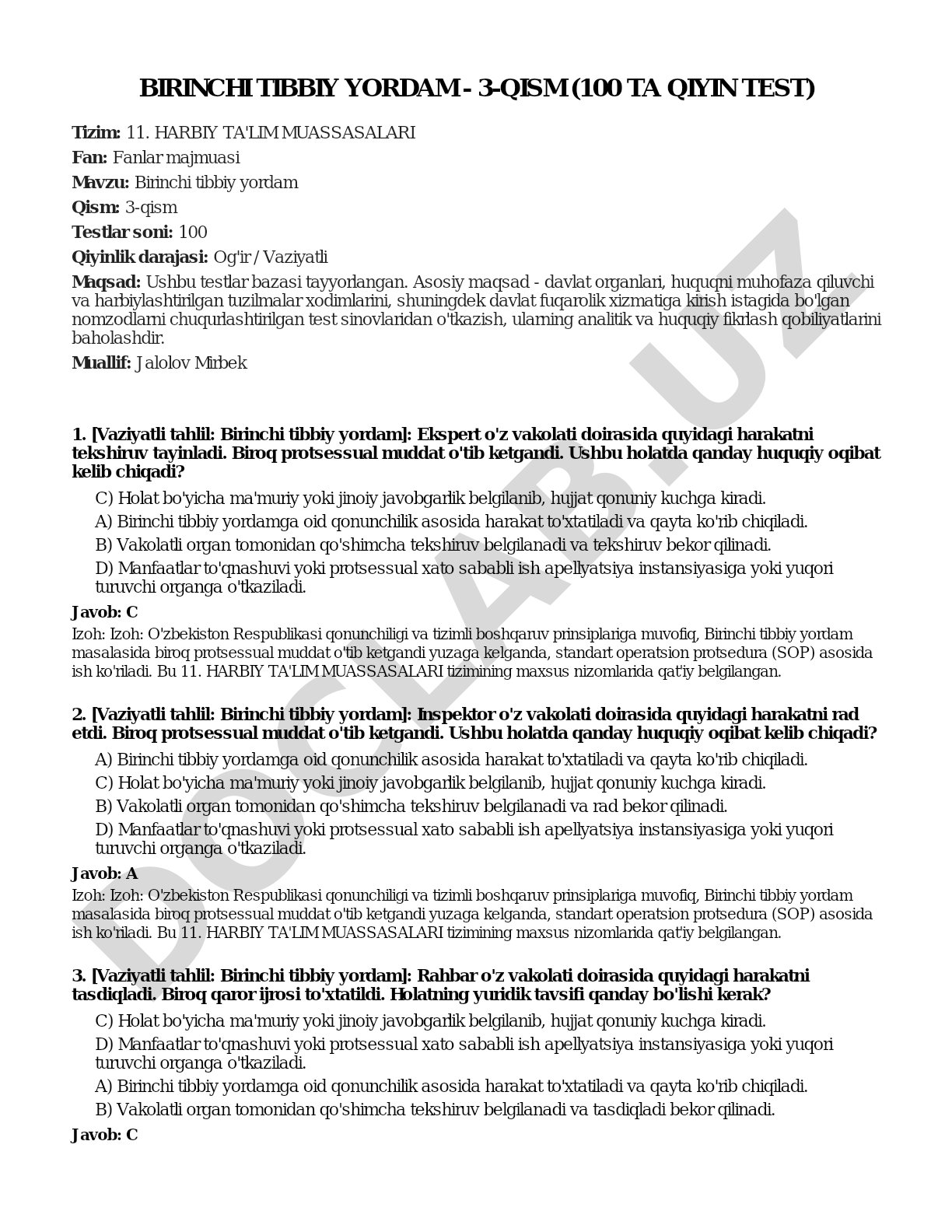 Birinchi tibbiy yordam - 3-qism (100 ta qiyin test)
