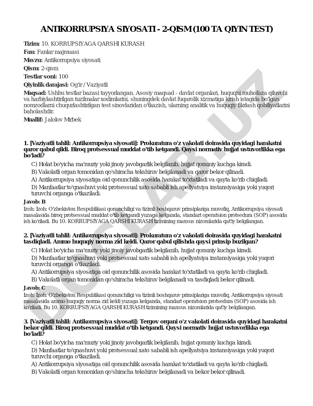 Antikorrupsiya siyosati - 2-qism (100 ta qiyin test)