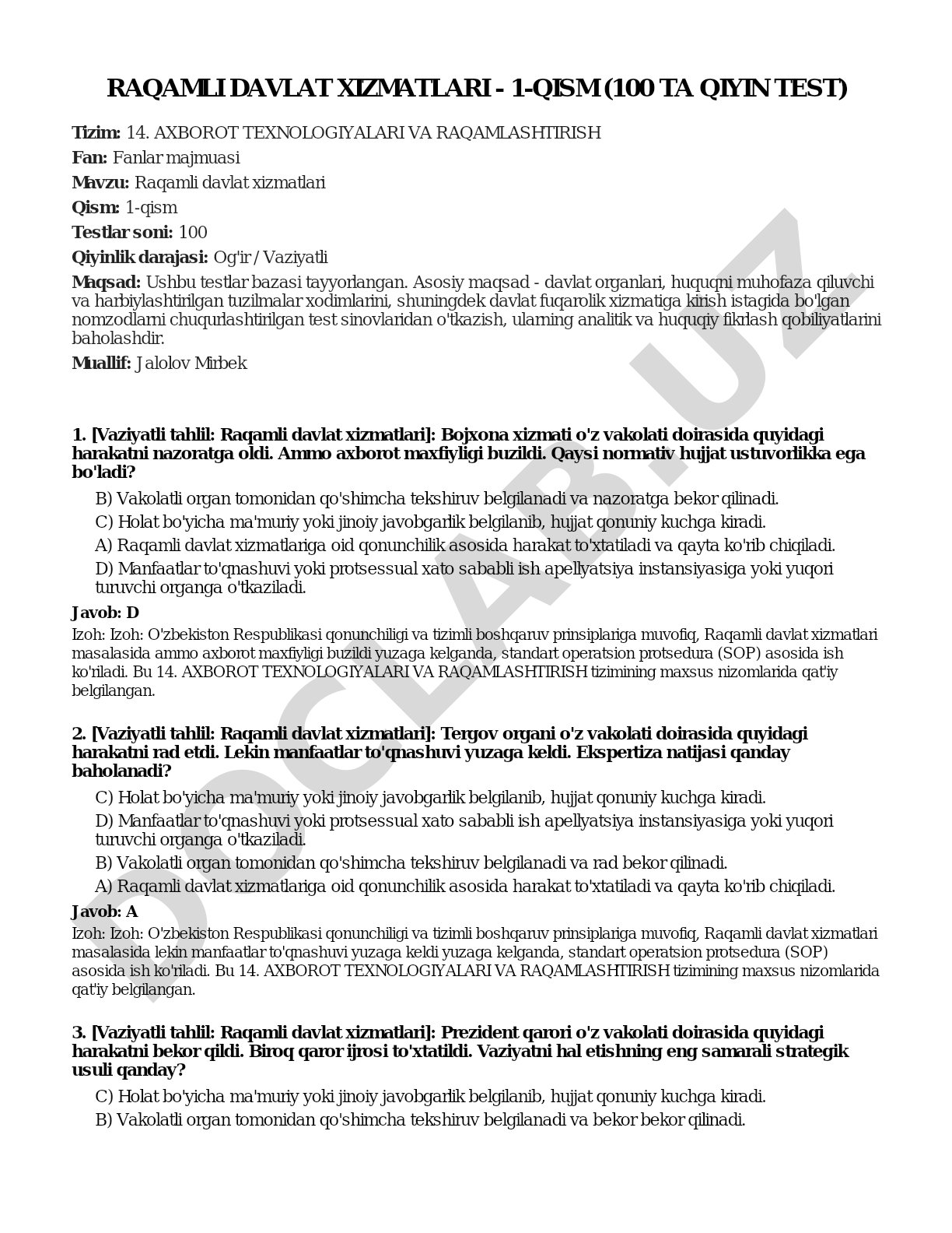 Raqamli davlat xizmatlari - 1-qism (100 ta qiyin test)