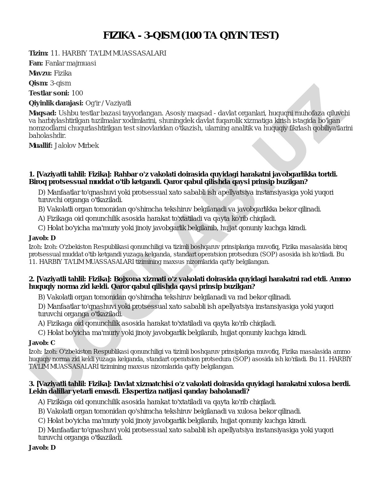 Fizika - 3-qism (100 ta qiyin test)