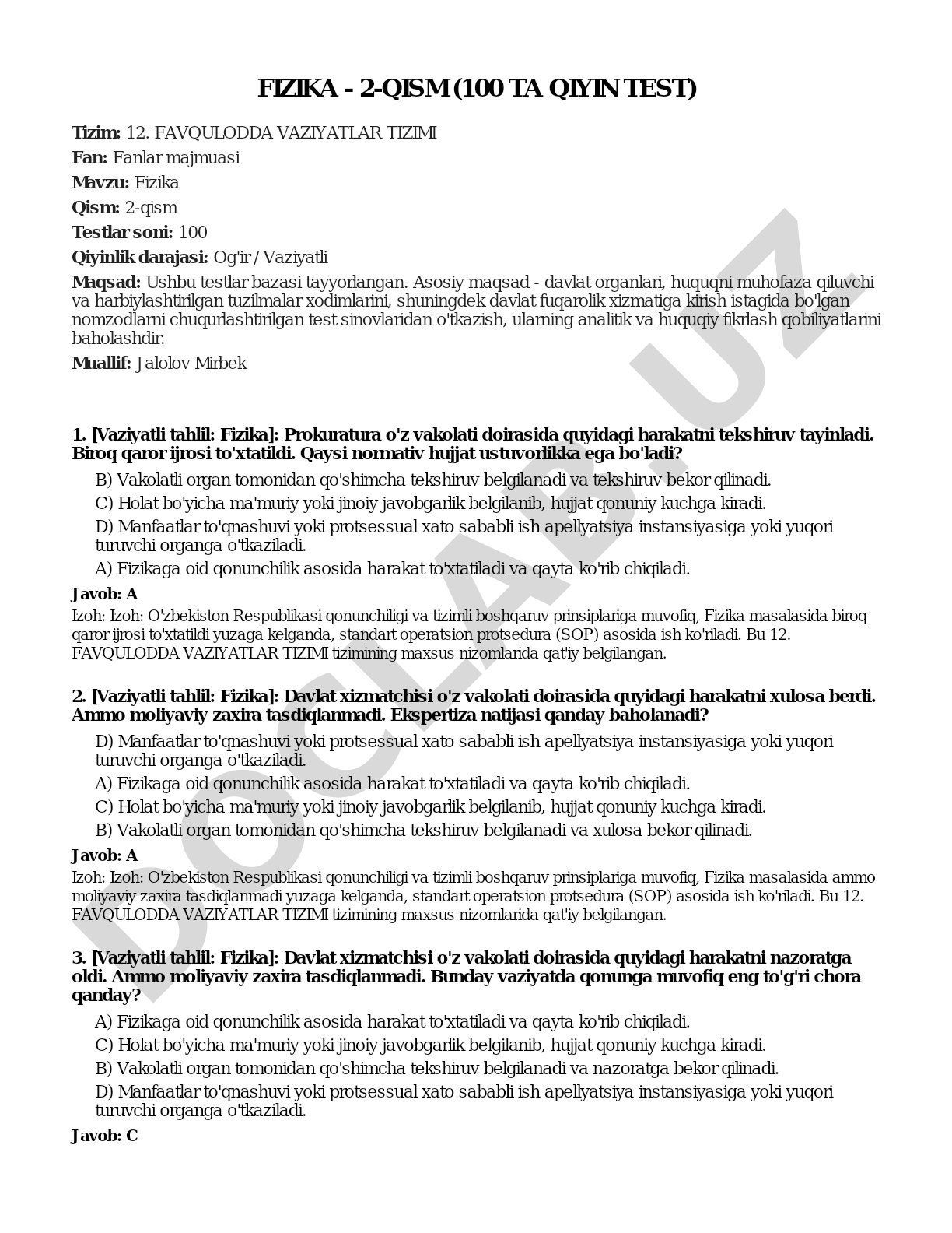 Fizika - 2-qism (100 ta qiyin test)