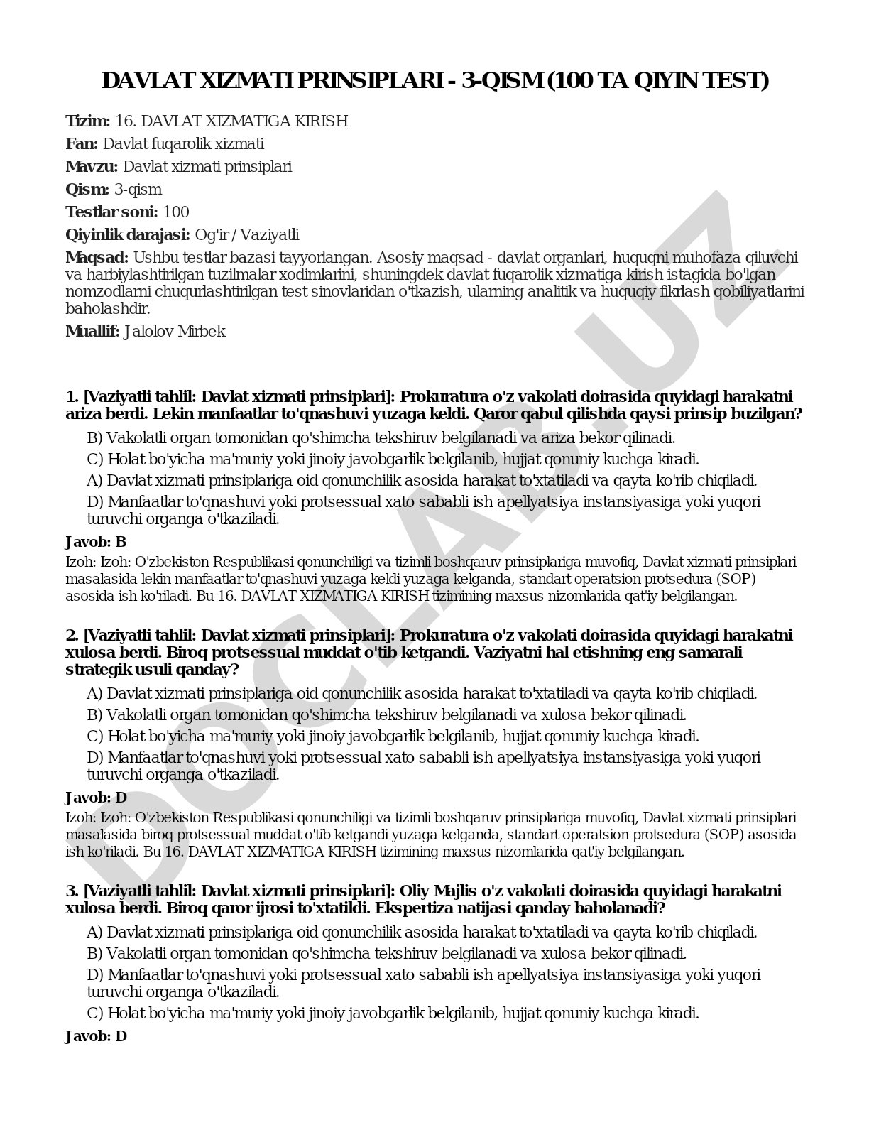 Davlat xizmati prinsiplari - 3-qism (100 ta qiyin test)