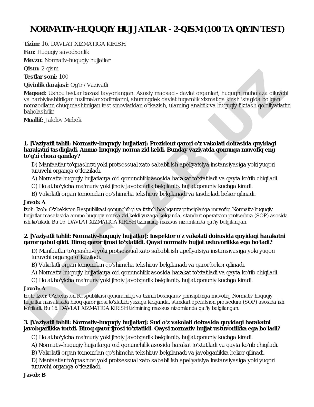 Normativ-huquqiy hujjatlar - 2-qism (100 ta qiyin test)
