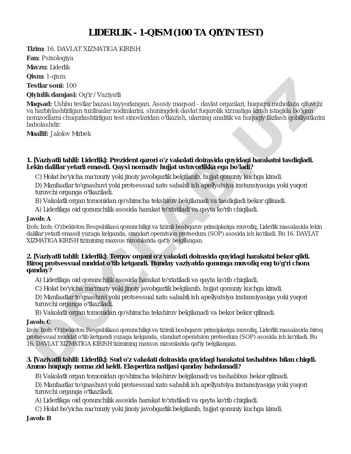 Liderlik - 1-qism (100 ta qiyin test)
