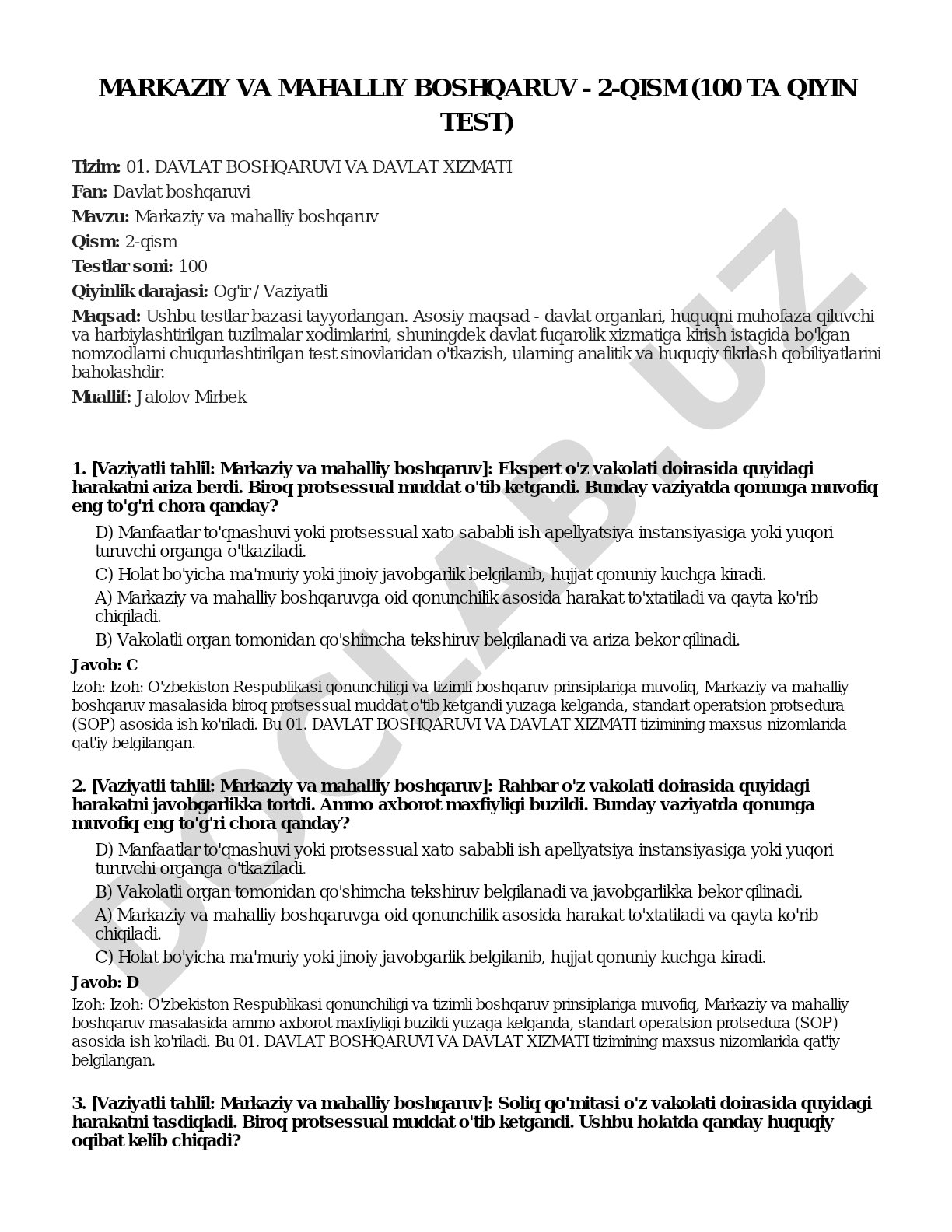 Markaziy va mahalliy boshqaruv - 2-qism (100 ta qiyin test)