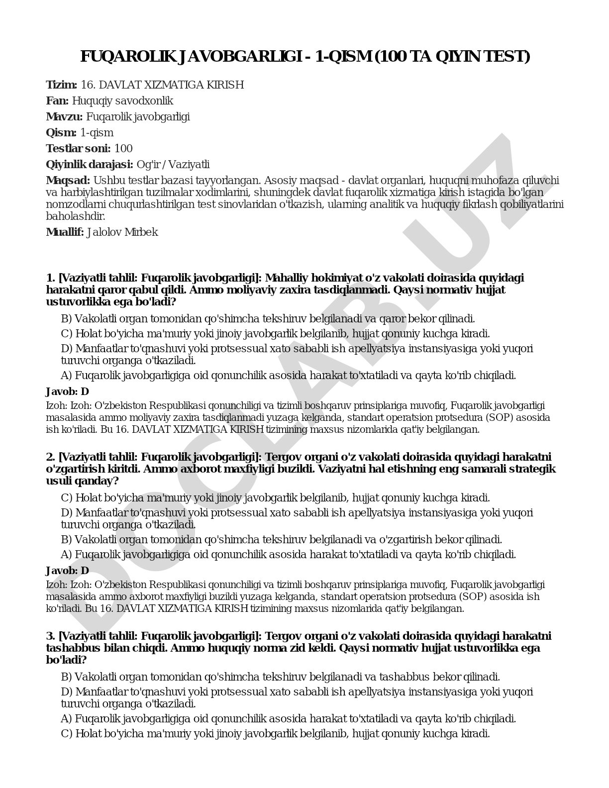 Fuqarolik javobgarligi - 1-qism (100 ta qiyin test)
