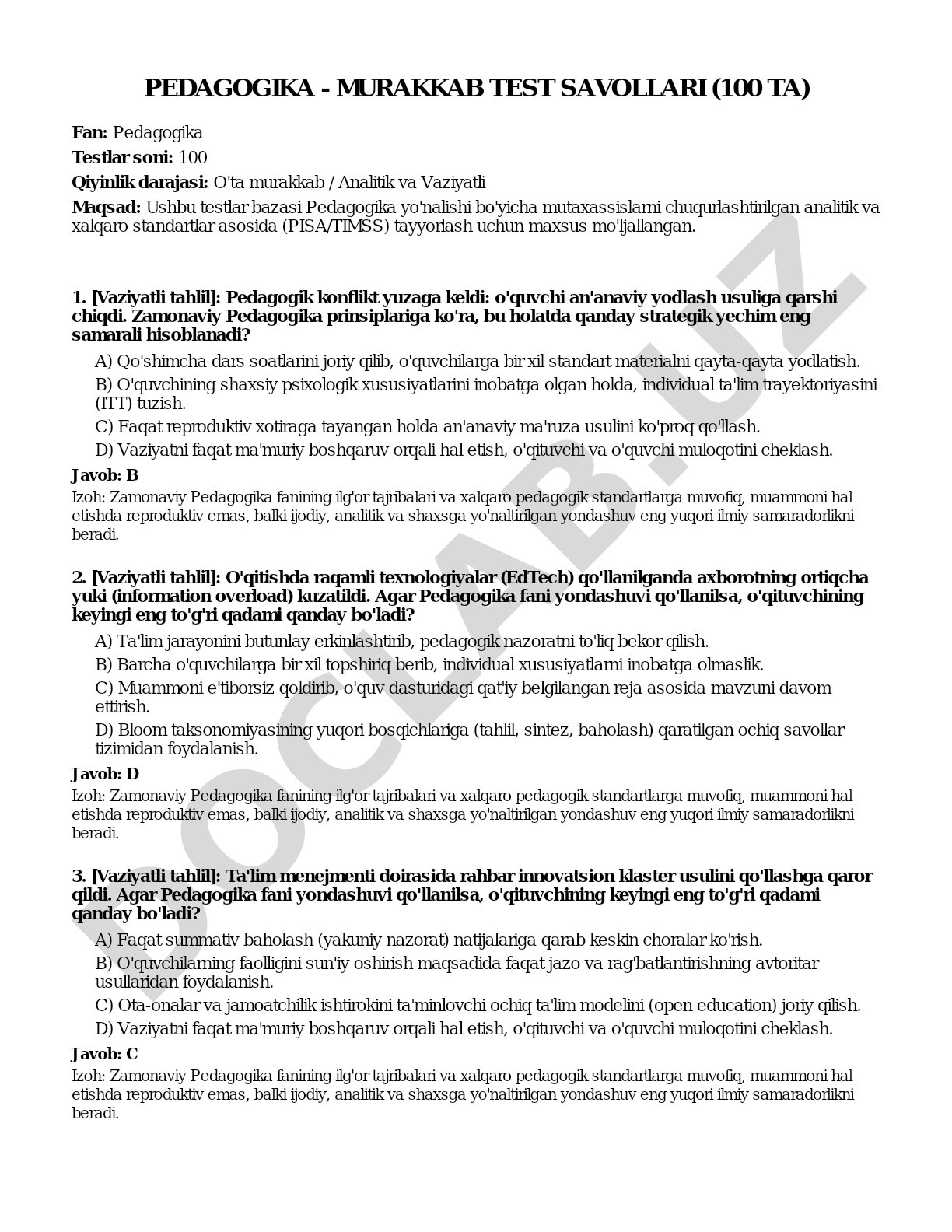 Pedagogika - murakkab test savollari (100 ta)