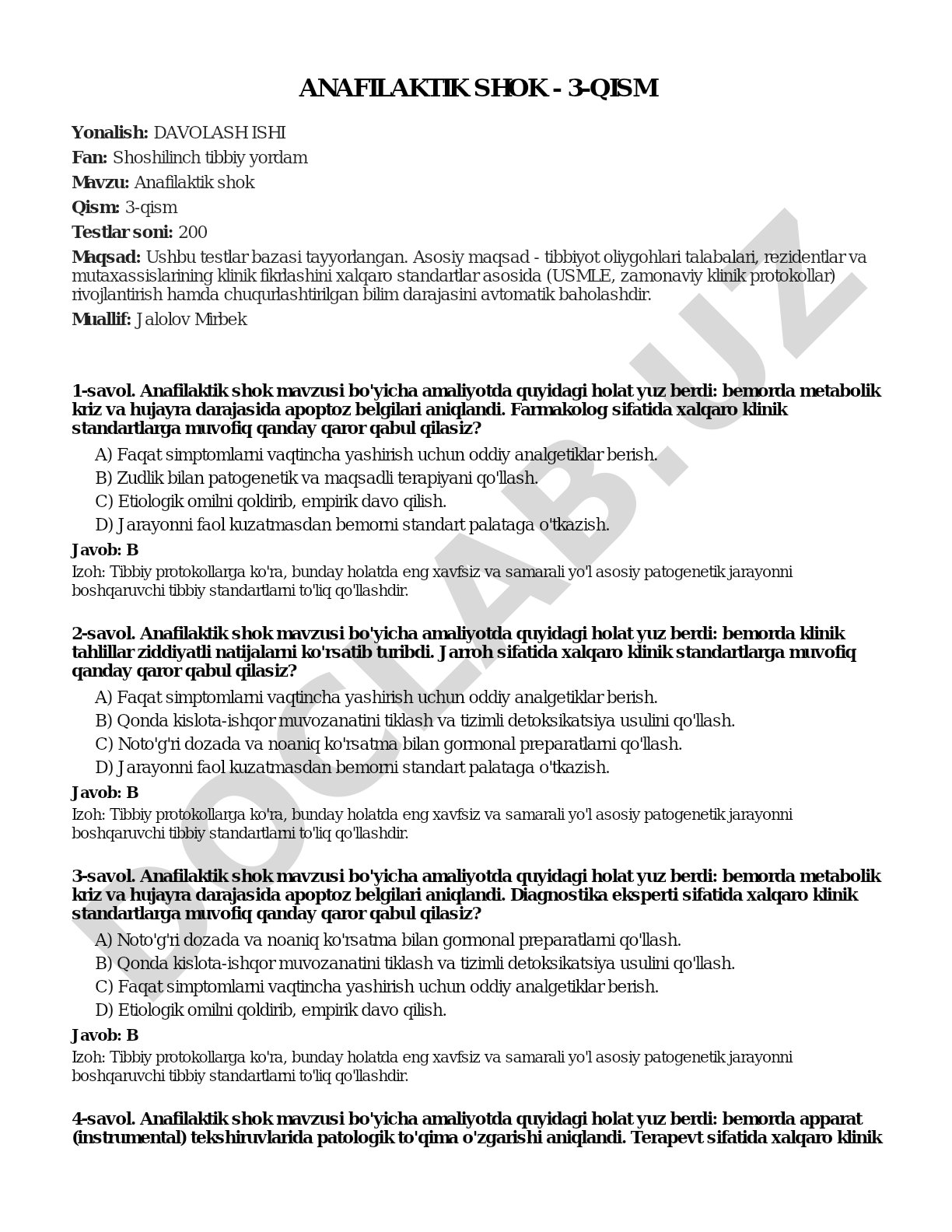Anafilaktik shok bo'yicha 200 ta test savollari, tibbiyot talabalari uchun