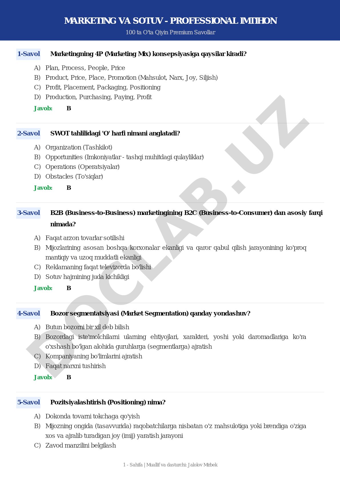 Marketing va sotuv - professional imtihon 100 ta o'ta qiyin premium savollar