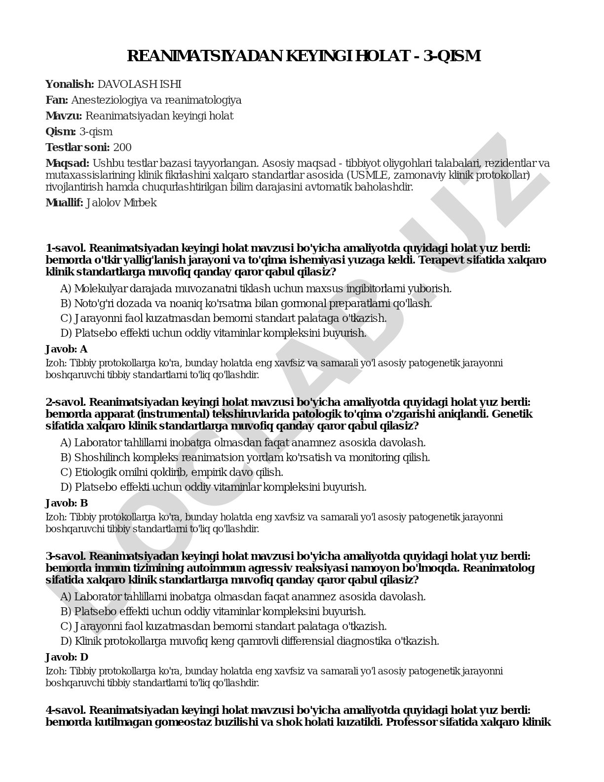 Reanimatsiyadan keyingi holat - 3-qism