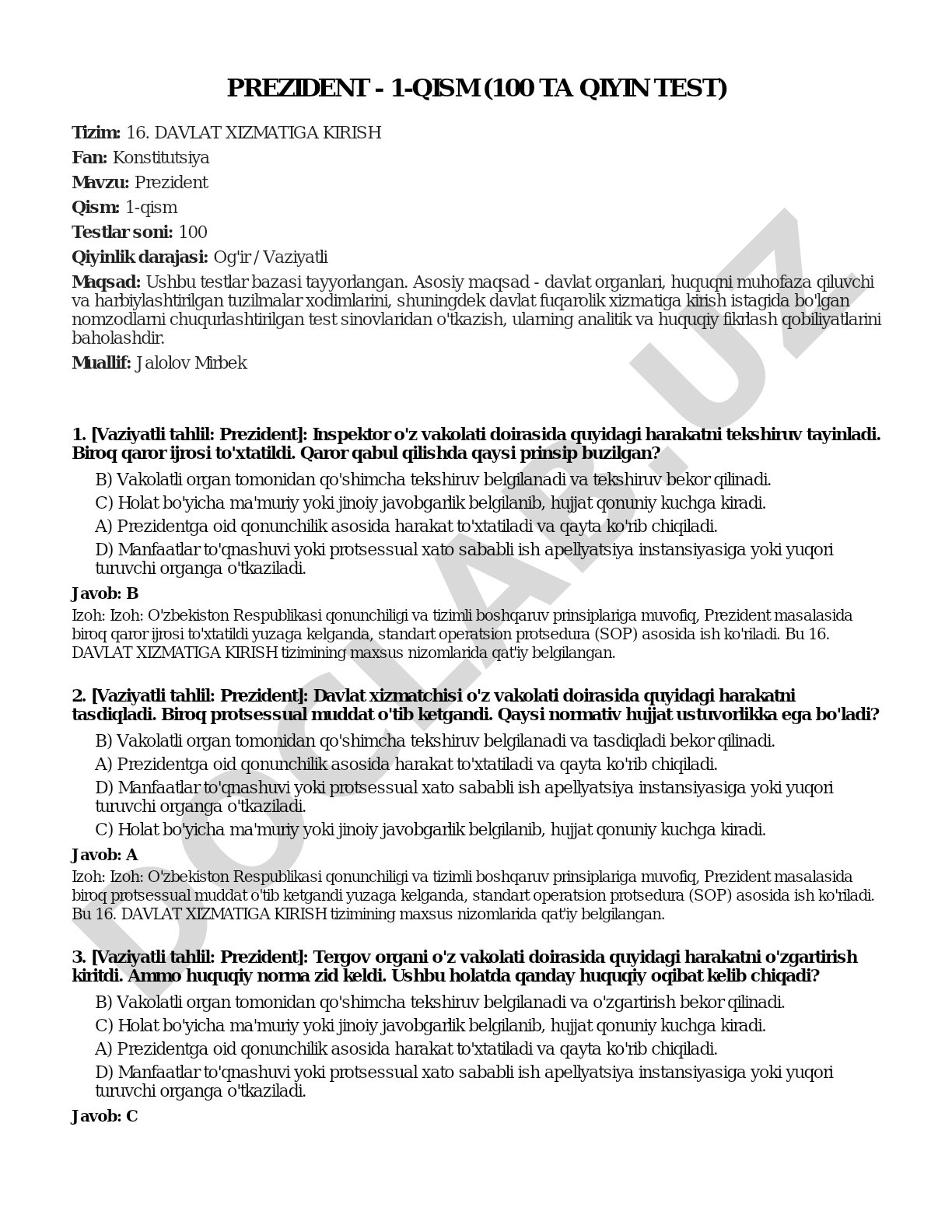 Prezident - 1-qism (100 ta qiyin test)
