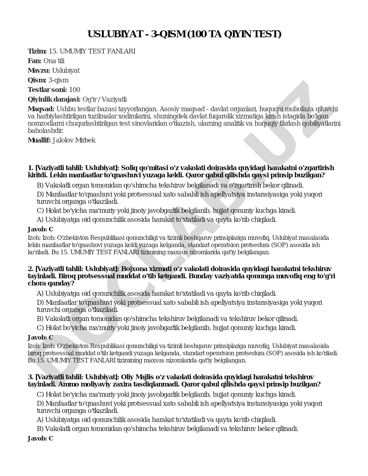 Uslubiyat - 3-qism (100 ta qiyin test)