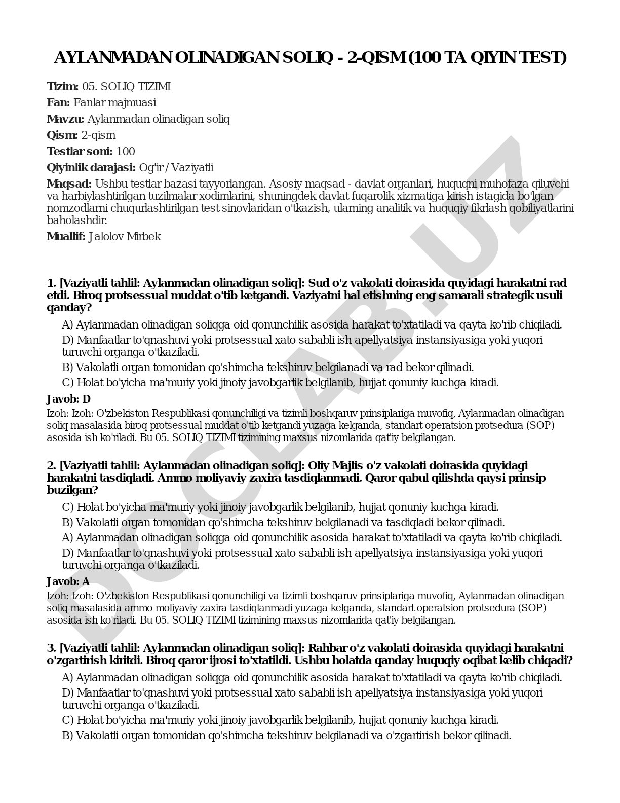 Aylanmadan olinadigan soliq - 2-qism (100 ta qiyin test)