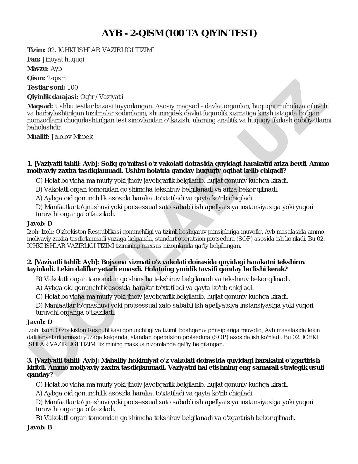 Ayb - 2-qism (100 ta qiyin test)