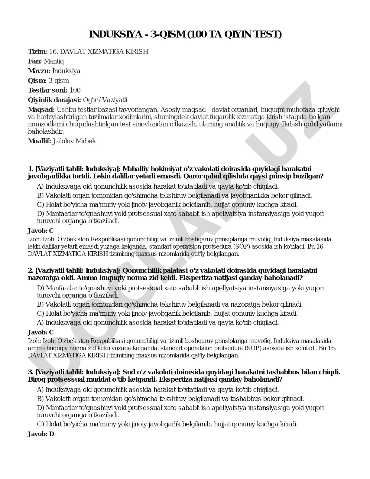 Induksiya - 3-qism (100 ta qiyin test)
