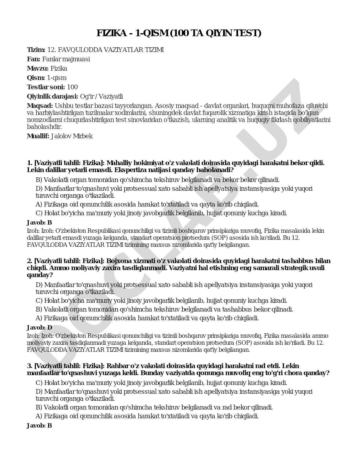 Fizika - 1-qism (100 ta qiyin test)