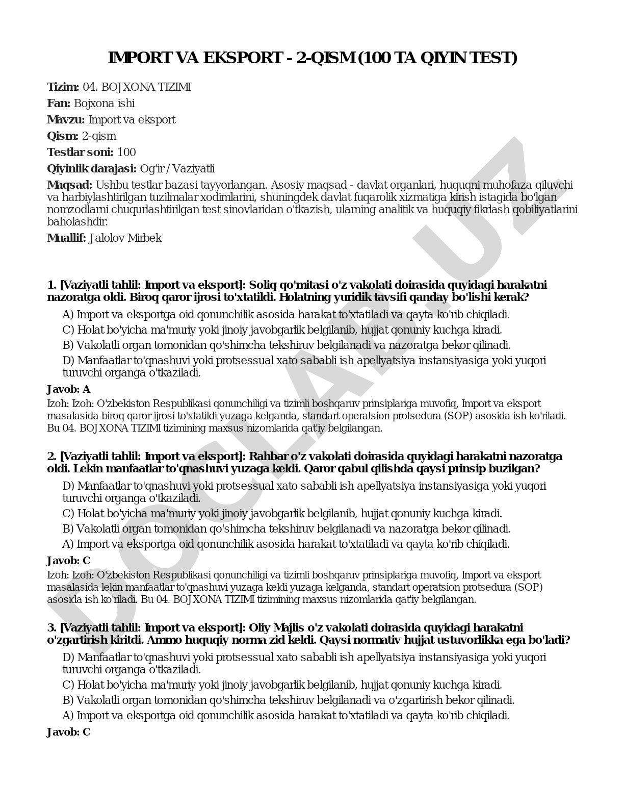 Import va eksport - 2-qism (100 ta qiyin test)