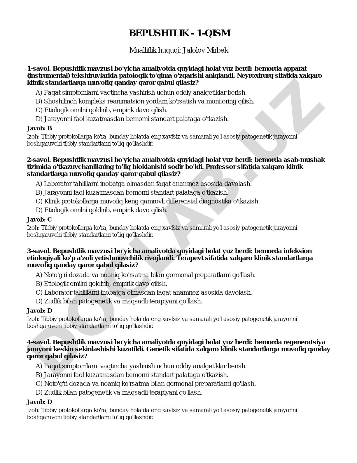 Bepushtlik bo'yicha klinik vaziyatlarga oid test savollari va javob variantlari